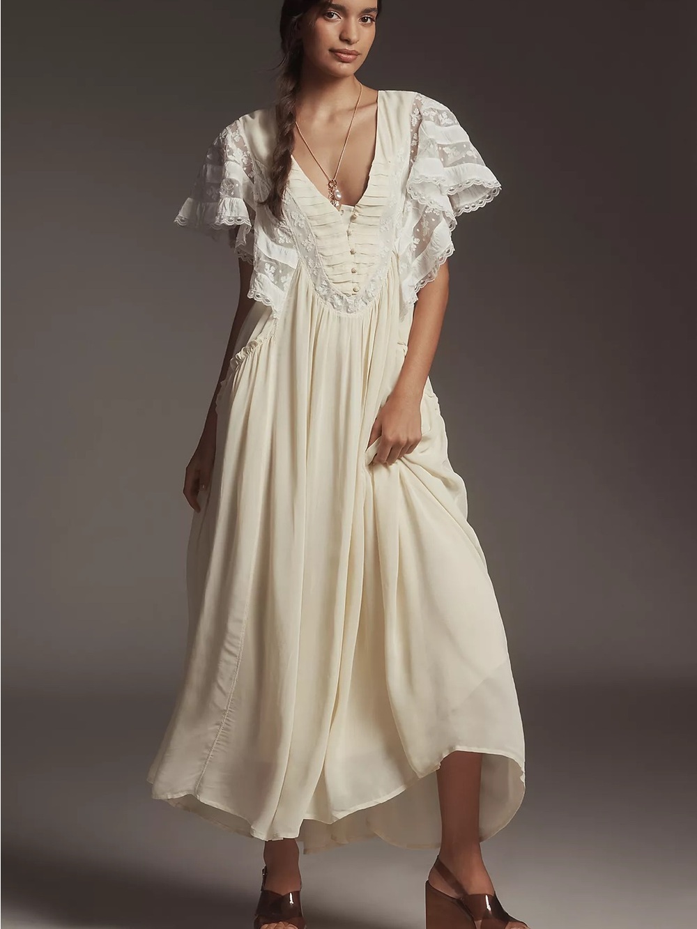 Anthropologie Cream Ruffle-Sleeve V-Neck Maxi Dress